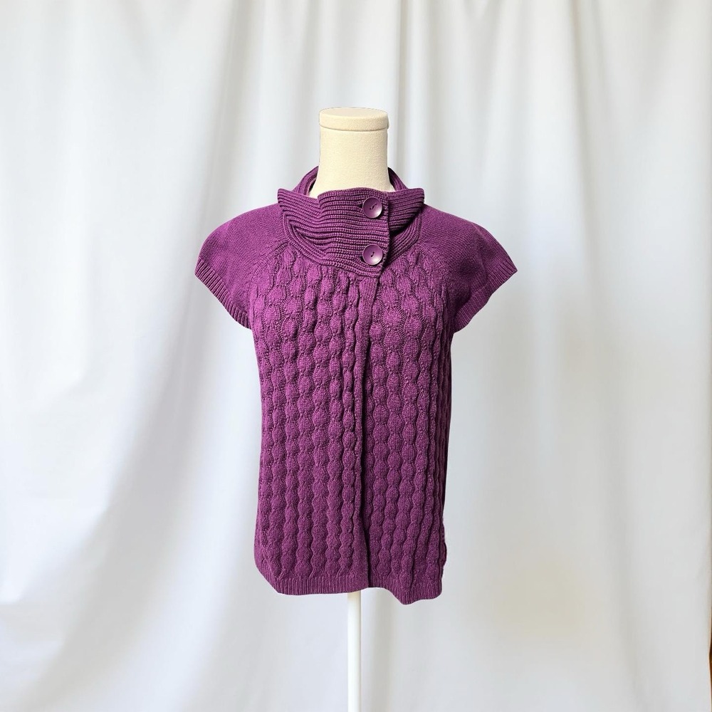 Purple Cable Knit Short Sleeve Sweater with Buttoned Cowl Neck